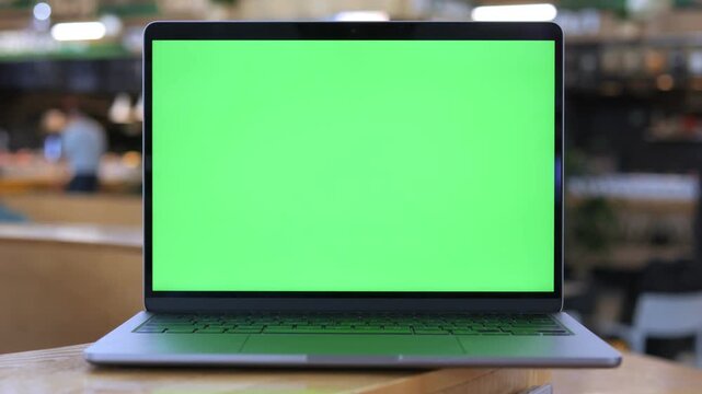 Laptop with green screen sits on wooden table. Background shows blurred cafe with people moving. Focus stays on laptop throughout. Ideal for presentations, tutorials, or video editing