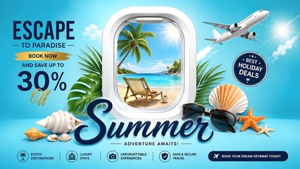 Escape to paradise summer holiday travel promotion with airplane window view