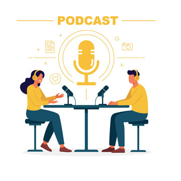 Engaging male and female podcasters host an exciting online show recording a compelling interview session
