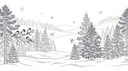 Winter forest landscape with birds on snowy pine branches © puan