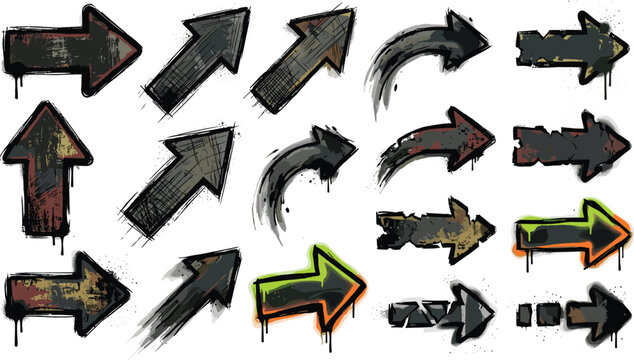Industrial grunge arrow vector set featuring rusty metal textures dark metallic pointers graffiti paint drips and distressed street art style elements isolated on background