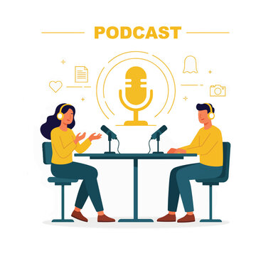 Professional podcasters engagingly present their latest episode, sharing insights and stories through digital audio streaming