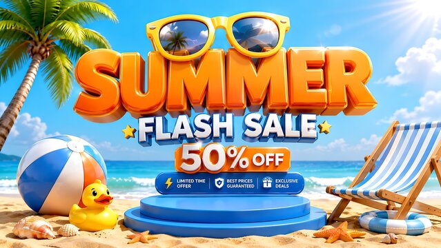 Summer flash sale 50 percent off promotional beach advertising banner