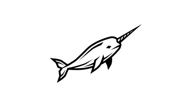 Black and white line art illustration of narwhal swimming.