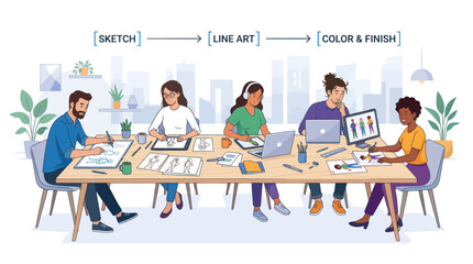 Creative design team collaborating on character illustration workflow © puan