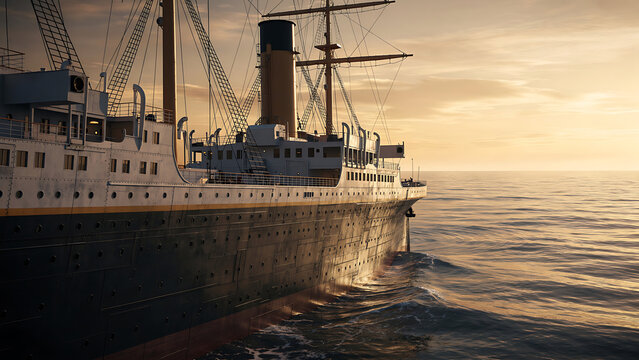 Majestic titanic ship sailing on the ocean at sunset