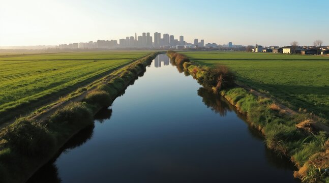Green fields flank a calm waterway leading to a distant city skyline. Sunshine reflects on the water, with a clear blue sky overhead. Rural landscape meets urban development.