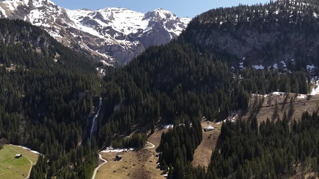 Iffigfall waterfall Lenk im Simmental in the Bernese Oberland region of Switzerland aerial drone