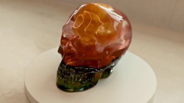 Handmade Orgonite Skull Pyramid Rotating 360 Degrees on Turntable Over White Marble Background Epoxy Resin Crystal Energy Sculpture Spiritual Healing Decor Isolated Close Up Showcase