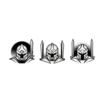 Three Medieval Knight Helmet Icons with Swords Design.