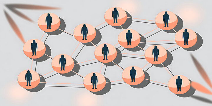 A network of people connected by lines on a gray background representing teamwork and communication