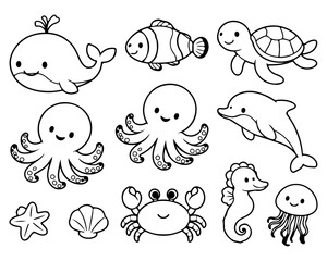 Obraz premium Cute Sea Animals Vector Set Line Art for Kids Coloring Page