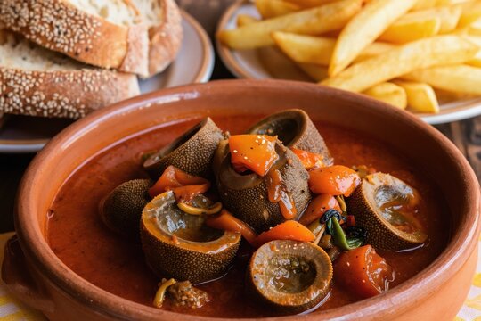 Madrid style tripe stew, callos a la madrilena, served in clay pot with bread slices and french fries. Rich, savory traditional Spanish cuisine, hearty meal in rustic restaurant setting.