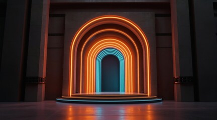 Fototapeta premium Futuristic stage with orange and blue neon arches creating a portal entrance. Minimalist architecture with concrete walls and reflective floor. Scene evokes sci-fi and modern design.