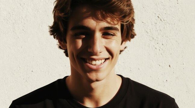 Young man with brown curly hair wears black shirt. Smiles genuinely against textured white wall. Light casts shadows on face, accentuating warm, approachable look, perfect for lifestyle content.