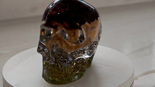 Handmade Orgonite Skull Pyramid Rotating 360 Degrees on Turntable Over White Marble Background Epoxy Resin Crystal Energy Sculpture Spiritual Healing Decor Isolated Close Up Showcase