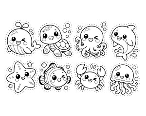 Fototapeta premium Cute Sea Animal Stickers Line Art Set for Coloring Pages