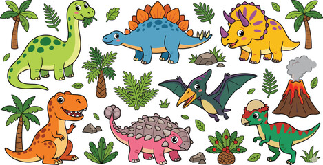 Obraz premium Cute Dinosaur Sticker Set with Cartoon Prehistoric Reptiles, Erupting Volcano, Palm Trees, and Tropical Plant Vectors for Kids Graphic Design Projects
