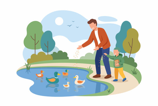Father and Son Feeding Ducks in Park for Fathers Day