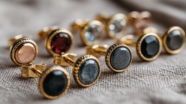 Collection of minimalist stud earrings arranged on neutral fabric background in natural light