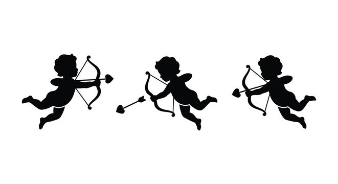 Three cherub silhouettes holding bows and arrows a black and white graphic illustration cherubs