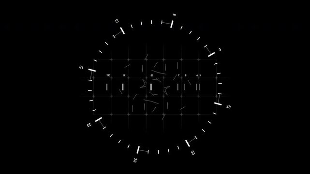 Futuristic military crosshair interface tracking spatial data coordinates on a black background. Ideal for tactical targeting visuals and sci-fi film production overlays.