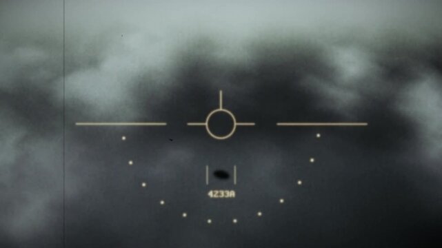 Authentic style military cockpit flir screen tracking an unidentified flying object through thick storm clouds. Tailored for documentaries and conspiracy series.