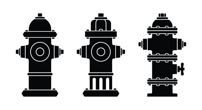 Three Fire Hydrant Silhouettes In Black A Minimalist Vector Illustration Silhouette fireplugs hydrants water