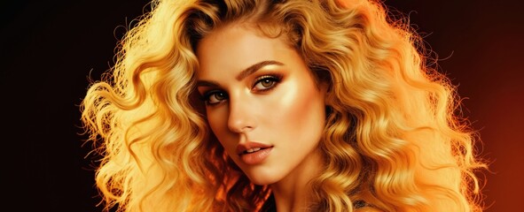Fototapeta premium Woman with voluminous wavy blonde hair and bright makeup. Golden neon light creates a glamorous and fashionable portrait. Intense gaze and styled hairstyle.
