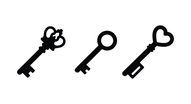 Three antique keys in black silhouette against a white background a decorative collection vintage