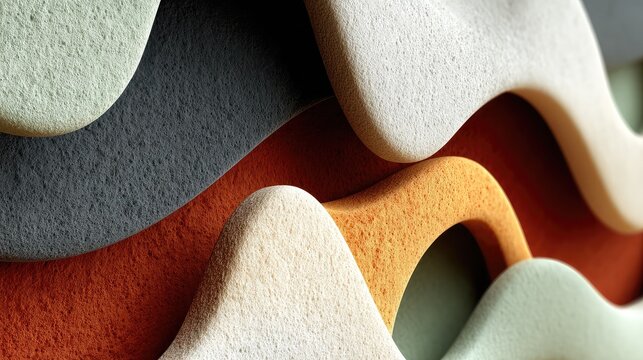 Stylized clay render with soft matte texture in abstract organic wave shapes