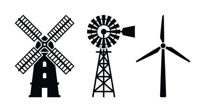 Windmill water pump and wind turbine silhouettes against a white background windmill windmills pump