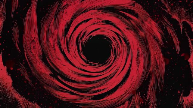 Vibrant red swirling abstract design with dynamic brush strokes and splatters on black background