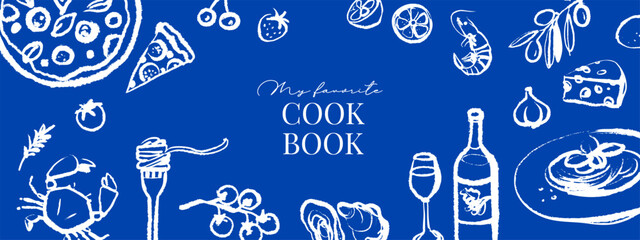 Obraz premium Italian Mediterranean cook book cover. Hand drawn crayon isolated vector illustration. Amalfi sketch vacation design. Wine, grapes, cheese, tomato, olive, pizza. Vintage summer background