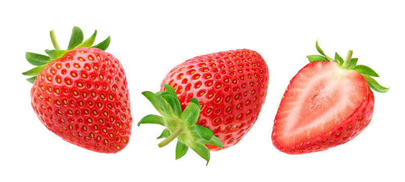 Set of three strawberries isolated on white.
