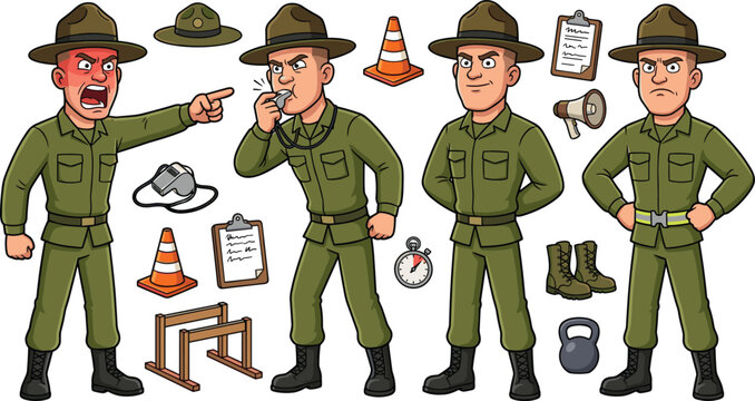 Military Drill Sergeant Mascot Character Set with Green Uniform, Whistle, Megaphone, Stopwatch, Clipboard, and Boot Camp Obstacle Training Vector Elements