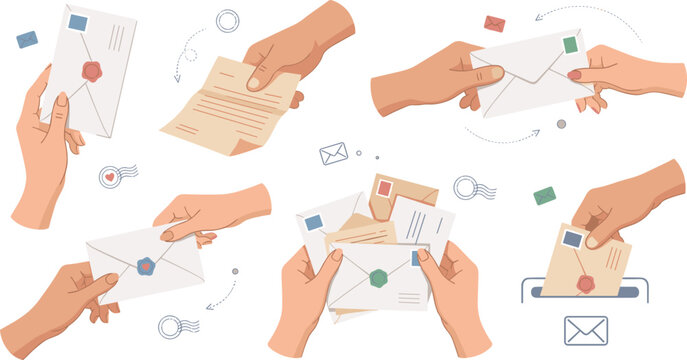 Hands holding paper letters and envelopes vector illustration set featuring postage stamps postal mail delivery dropping messages into slot isolated on white background