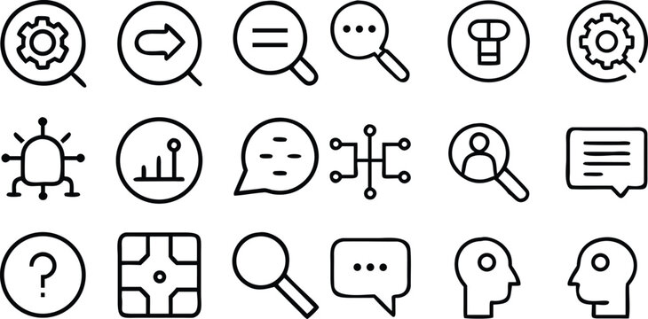 A collection of clean, minimalist line icons representing various aspects of data analysis, search, communication, and business processes.