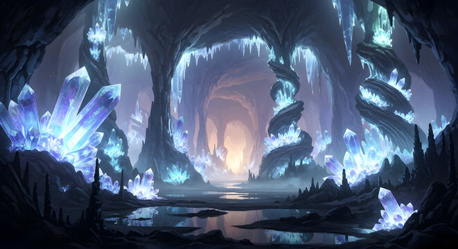Enchanting crystal cave with glowing formations and reflective pool