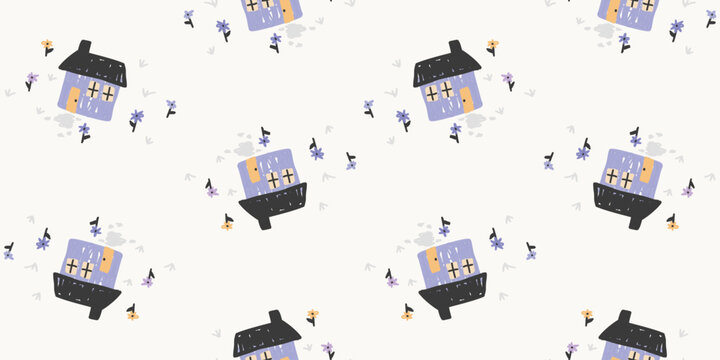 Whimsical seamless pattern featuring cute gothic cottages and small floral elements.
