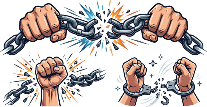 Powerful Hands Breaking Chains and Handcuffs Vector Illustration Set with Raised Fist for Freedom Liberty and Revolution Concepts