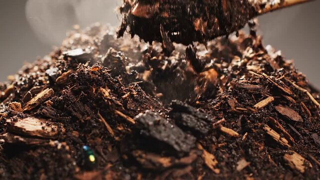 Close up of a single earthworm in dark moist soil with wood chips, steam rising, representing decomposition and soil health