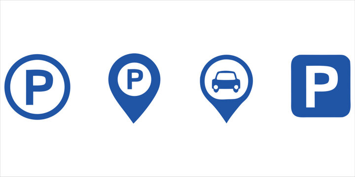 Parking Sign Icons Collection Vector, Map Pin and Car Parking Symbols.Parking Location Icon Set, Navigation Marker and Parking Area Signs Vector.Blue Parking Icons Pack, Car Park Symbol and GPS Marker