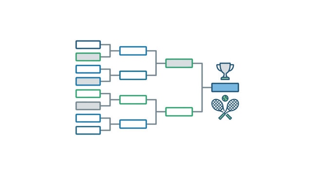 A tennis tournament bracket diagram showing the progression from initial matches to the final championship trophy.
