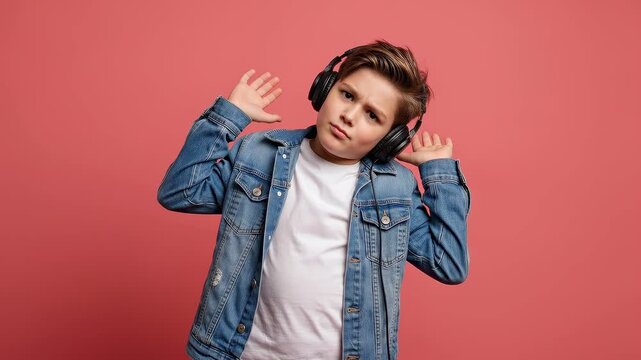 Confused young boy wearing headphones shrugging shoulders before smiling on pink studio background
