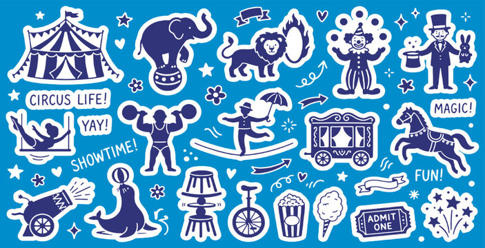 Circus themed sticker set with various elements like tent, elephant, lion, clown, and acrobat on a blue background.