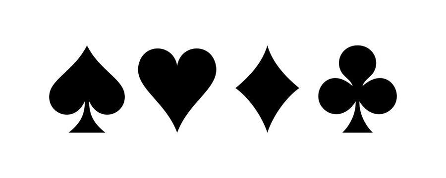 Cart Suit Icon Set Clubs Diamonds Hearts Spades Silhouette Icons Logo Cards for Poker Gaming, Gambling, Betting Casino Slot Machine Graphic Elements, Board Games. Isolated Vector Illustration