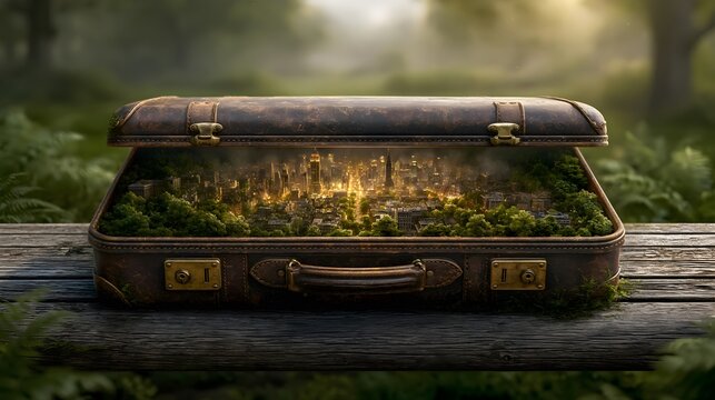 Open Briefcase on Park Bench Reveals Tiny Functioning City Inside