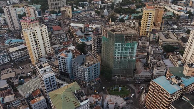 Aerial view of Dar es Salaam showcasing its business district, modern buildings, and evolving cityscape.