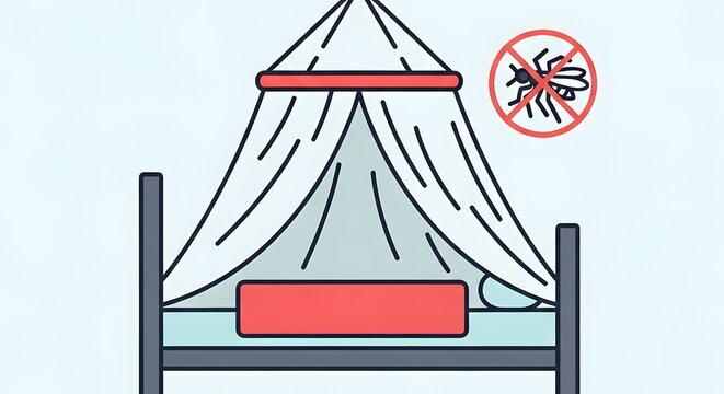 Protective Bed Mosquito Net Illustration with Warning Sign